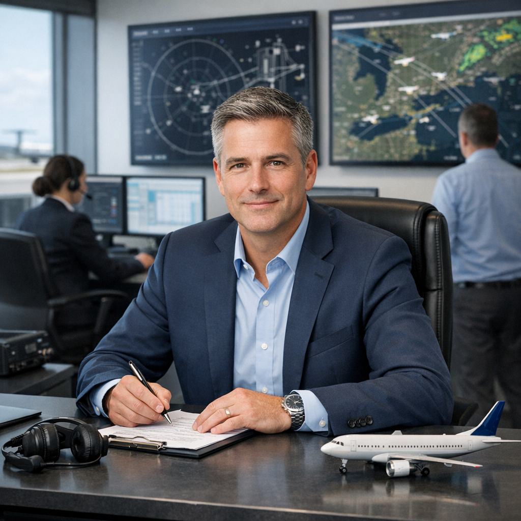 Professional aviation operations manager in clean modern office setting No visible text no words no letters Professional aviation operations manager in clean modern office setting No visible text no words no letters