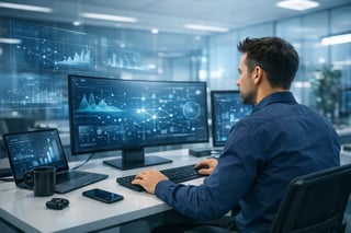 Technology professional working in modern office environment with clean digital interface No visible text no words no letters