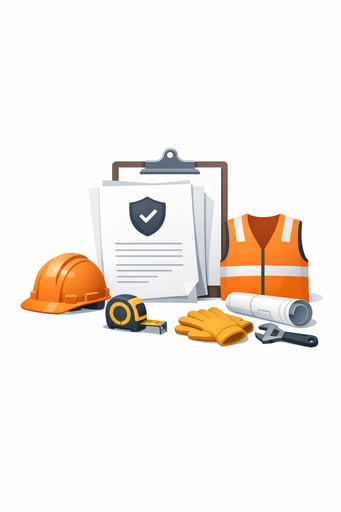 Clean minimalist illustration of construction insurance policy documents and safety equipment Clean minimalist illustration of construction insurance policy documents and safety equipment