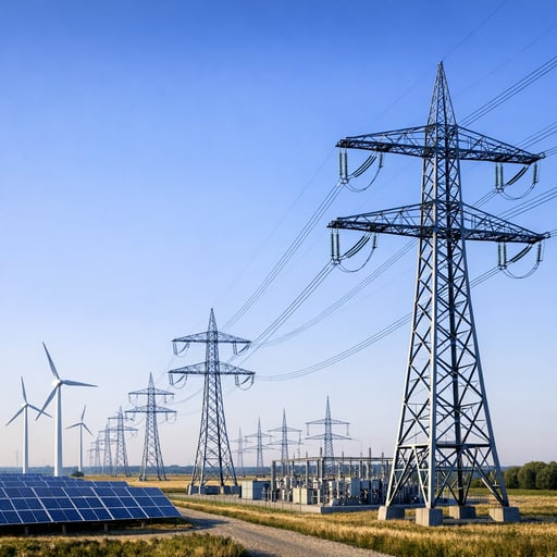 Clean modern energy infrastructure with power transmission lines against clear sky Clean modern energy infrastructure with power transmission lines against clear sky