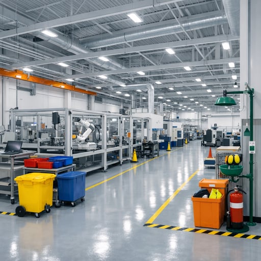 Clean modern manufacturing facility with organized production floor and safety equipment Clean modern manufacturing facility with organized production floor and safety equipment