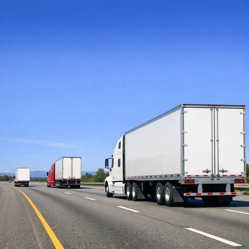 Commercial fleet trucks on highway with clear blue sky