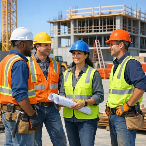 Construction workers in safety gear on a clean, well-organized job site