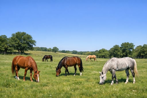Healthy horses grazing peacefully in a clean pasture under clear blue skies