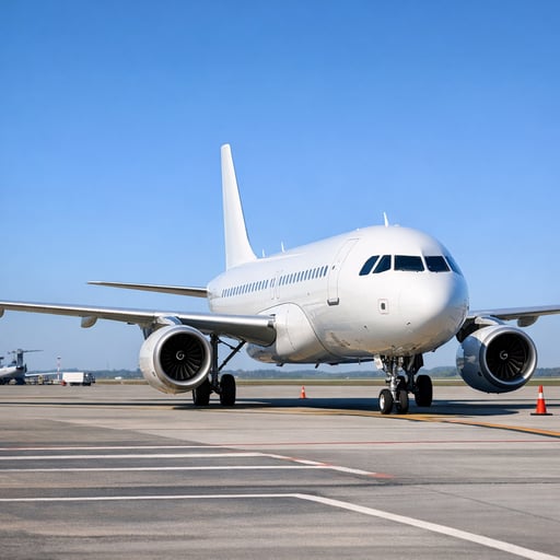 Modern commercial aircraft on airport tarmac with clear sky