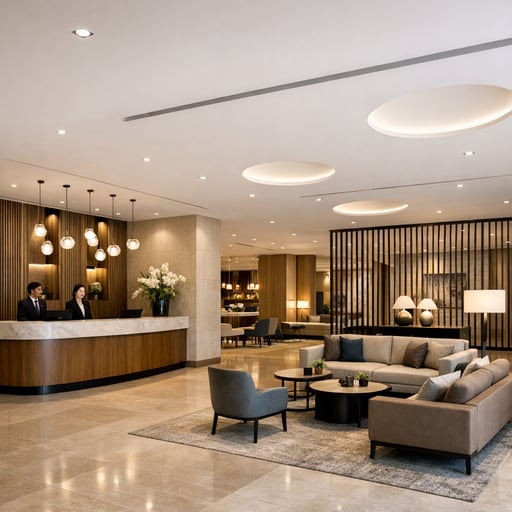 Modern hotel lobby with clean design showcasing professional hospitality environment Modern hotel lobby with clean design showcasing professional hospitality environment